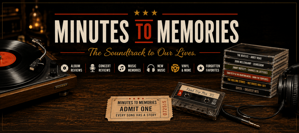 Minutes to Memories website banner featuring a turntable, cassette tape, headphones, and classic albums.